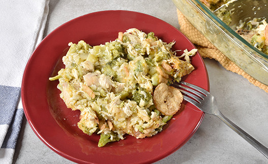 plate of Cheesy Chicken, Broccoli, and Rice Bake
