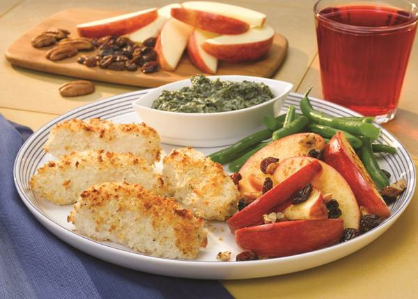 plate of Easy Oven Fish with Spinach Basil Dipping Sauce & Spiced Apples