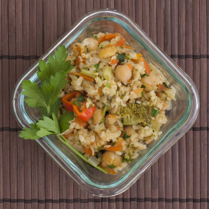 dish of Bulgur Wheat, veggie, and chickpea salad