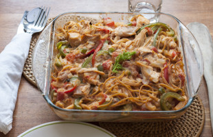 baking dish filled with Chicken Spaghetti