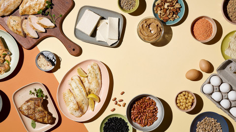 image of various protein foods spread out on a table